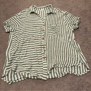 Jane & Delancey Striped Button Down Short Sleeve Shirt Lightweight Plus 1X Green